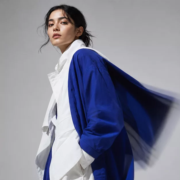 Model in white over cobalt and orange, low pose.